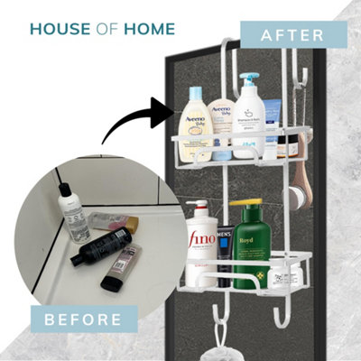 Shower Caddy 2 Tier Aluminium Over Door Shower Shelf with Two Baskets and 2 Hooks - Silver - 5