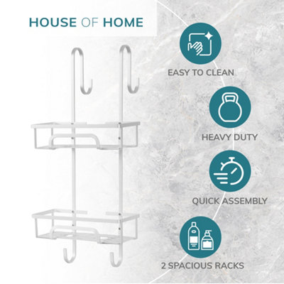 Shower Caddy 2 Tier Aluminium Over Door Shower Shelf with Two Baskets and 2 Hooks - Silver - 6