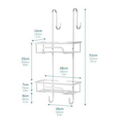 Shower Caddy 2 Tier Aluminium Over Door Shower Shelf with Two Baskets and 2 Hooks - Silver - 8