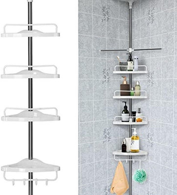 White Bathtub Shower Tension Corner Caddy Metal Pole 4 Adjustable Plastic  Shelf
