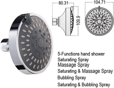 Shower Head, High Pressure Rain Fixed Showerhead Rainfall 5 Setting ...