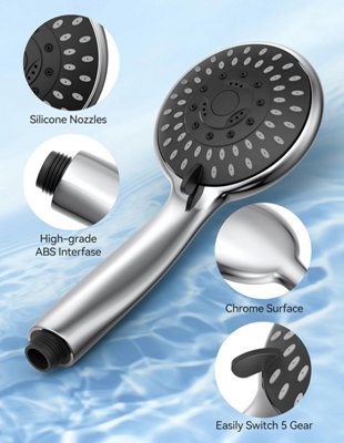 SHOWER HEAD WITH 1.8M HOSE HIGH PRESSURE 5 SPRAY MODES, CHROME HANDHELD ...