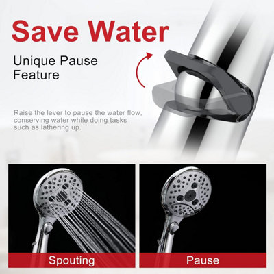 Shower head with hose and hand shower, 6 different jets with pause function