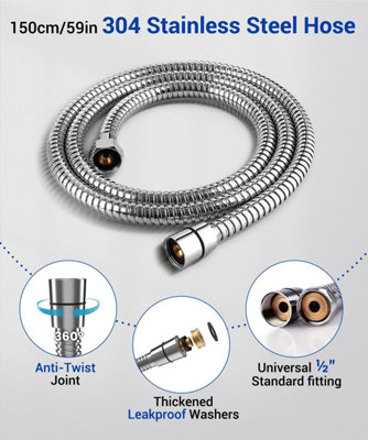 Shower head with hose, high pressure hose assembly 1.5m, universal shower head with 6 spray settings, chrome plated