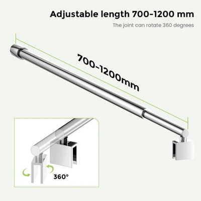 Shower Screen Support Bar Arm 700-1200mm for 8-10mm Glass Doors