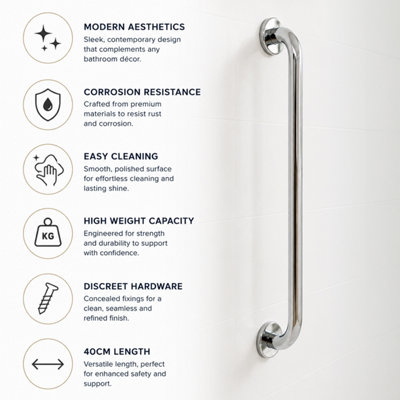 Showerdrape Assurity 40cm Wall Mounted Stainless Steel Grab Bar