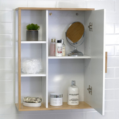 Showerdrape Cassino Matt White & Bamboo Wall Bathroom Cabinet with Display Shelves