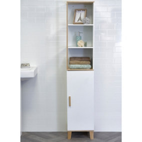 Showerdrape Catania Matt White & Bamboo Tall Bathroom Cabinet with Display Shelves