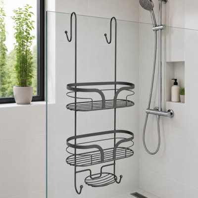Showerdrape Dante Anthracite Grey 2 Tier Over Door Hook Door Shower Caddy