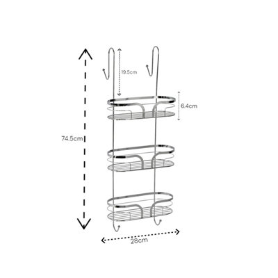 Showerdrape Dante Chrome 3 Tier Over Door Hook Shower Caddy