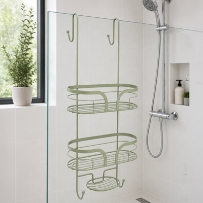 Showerdrape Dante Sage Green 2 Tier Over Door Hook Door Shower Caddy