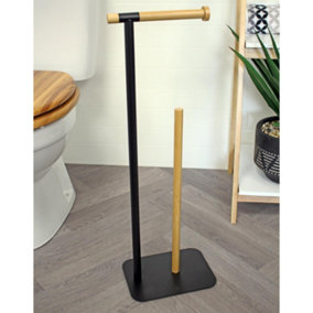 Showerdrape Sonata Black & Bamboo Toilet Roll Holder & Spare Paper Holder Combination