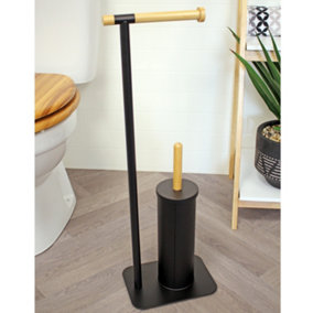 Showerdrape Sonata Black & Bamboo Toilet Roll Holder & Toilet Brush Combination