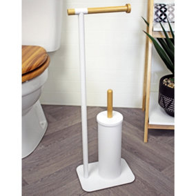 Showerdrape Sonata White & Bamboo Toilet Roll Holder & Toilet Brush Combination