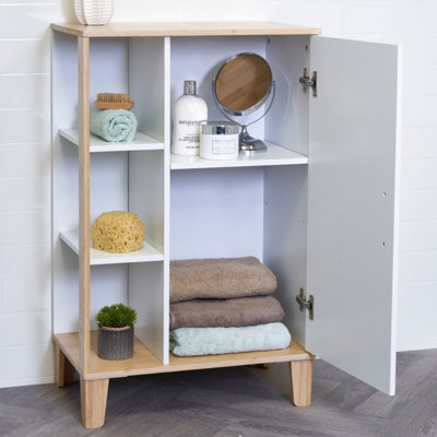 Showerdrape Varallo Matt White & Bamboo Floor Bathroom Cabinet with Display Shelves