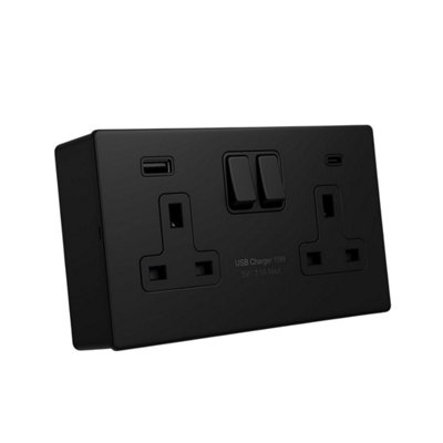 SHP 2 Gang 13A Screwless Socket - 4mm Matte Black Metal Thin Plate with ...