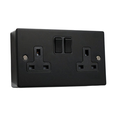 SHP COMPACT 3mm Thin Plate Ultra Matt Black Metal 13A 2 Gang Socket and 25mm Plastic Surface Mount Pattress Box