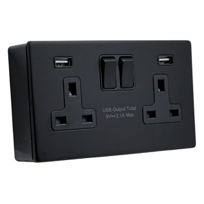 SHP COMPACT 4mm Thin Plate Screwless Matt Black Metal 13A 2 Gang Socket With USB Ports (Type A&A) and 35mm Pattress Box