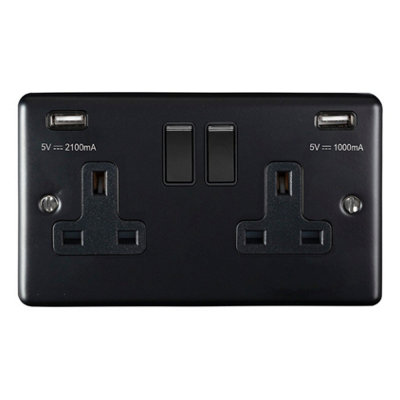 SHPELEC 2 GANG 13AMP SWITCHED SOCKET WITH COMB 3.1 AMP USB OUTLETS MATT BLACK
