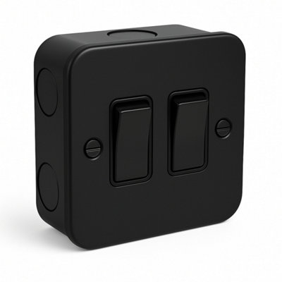 SHPELEC 2 Gang 2 Way Switch - Matt Black Metal Clad with Surface Back Box