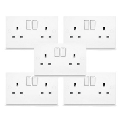 SHPELEC 5 Pack White Square Edge 13A 2 Gang Switched Sockets - Double ...
