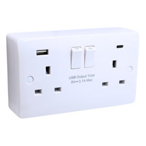 SHPELEC Curved Edge White 13A 2 Gang Switched Socket with 2 USB Ports and 25mm Surface Mount Back Box (USB Type A+C)