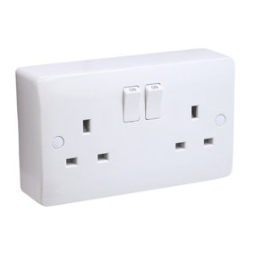 SHPELEC Curved Edge White 2 Gang Switched Socket and 25mm Surface Mount Pattress Box