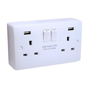 SHPELEC Curved Edge White 2 Gang Switched Socket with 2 USB Ports (Type A) and 25mm Surface Mount Pattress Box