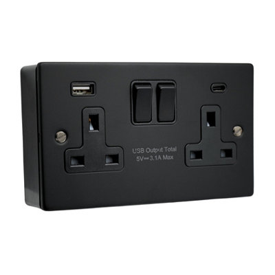 SHPELEC Matt Black Metal 2 Gang 13A Switched Socket with USB Ports (Type A & C) and 25mm Surface Mount Pattress Box
