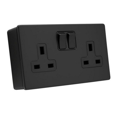 SHPELEC Matt Black Screwless Metal 2 Gang 13A Switched Socket and 25mm Surface Mount Pattress Box