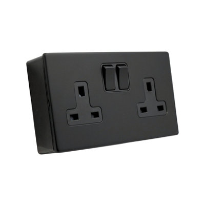 SHPELEC Matt Black Screwless Metal 2 Gang 13A Switched Socket and 25mm Surface Mount Pattress Box