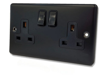 SHPELEC Premium Round Edge Matt Black 13A 2 Gang DP Switched Socket