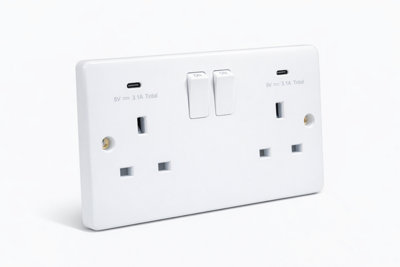 SHPELEC White 2 Gang Switched Socket with Dual USB-C Ports - Round Edge ...