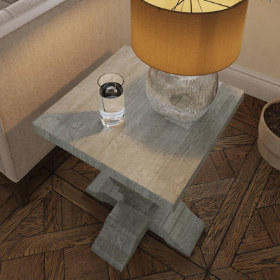 Side Lamp Table Solid Reclaimed Pine Limewash Finish Farmhouse Design