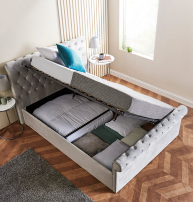 Side Lift Velvet Ottoman Bed Double Storage Bed With Pocket Sprung  Mattress