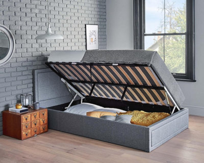 Side Lifting Grey Upholstered Double Ottoman Bed Frame