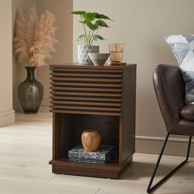 Side Table 1 Drawer and 1 Open Shelf Walnut Effect Slatted Design Dark Wood Colour
