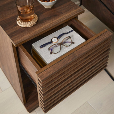 Side Table 1 Drawer and 1 Open Shelf Walnut Effect Slatted Design Dark Wood Colour