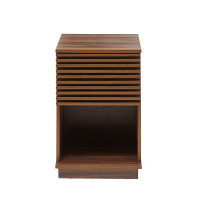 Side Table 1 Drawer and 1 Open Shelf Walnut Effect Slatted Design Dark Wood Colour