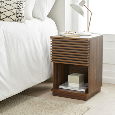 Side Table 1 Drawer and 1 Open Shelf Walnut Effect Slatted Design Dark Wood Colour