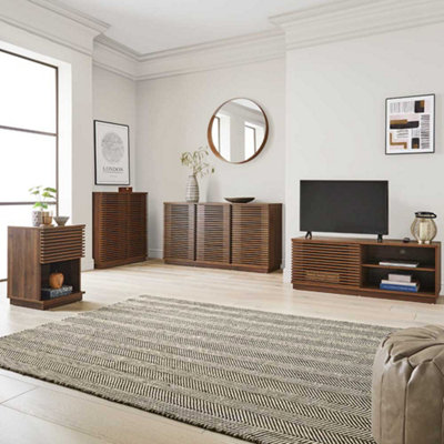 Side Table 1 Drawer and 1 Open Shelf Walnut Effect Slatted Design Dark Wood Colour