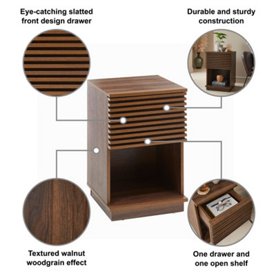 Side Table 1 Drawer and 1 Open Shelf Walnut Effect Slatted Design Dark Wood Colour