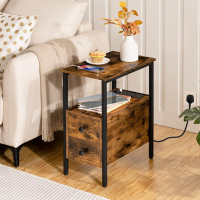 Side Table Narrow Bedside Table with Charging Station USB Ports Power Outlets Slim Side Table for Small Spaces 2 Drawers