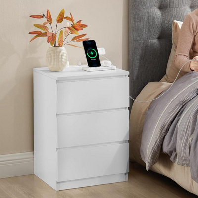 Side Table Pair, Modern Charging Units with Multiple Drawers, Cloud White