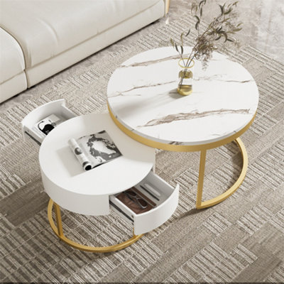 Side Table Set, Rotating Round High Gloss Marble Pattern Round Side Table Set - Set of 2