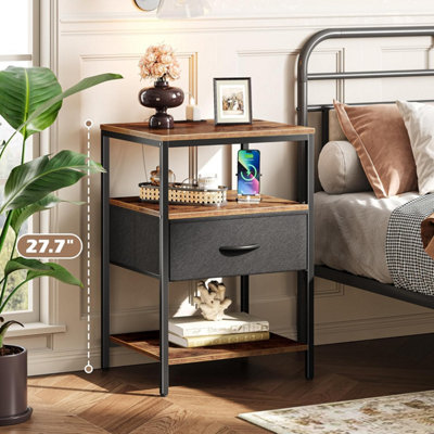 Side Table with Charging Station, Narrow Bedside Table with 2 Sockets and 2 USB Ports, 3-Tier Nightstand with Drawer,End Tables