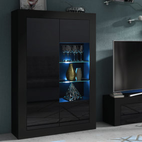Sideboard 140cm Black Display Cabinet Modern Stand Gloss Doors Free LED