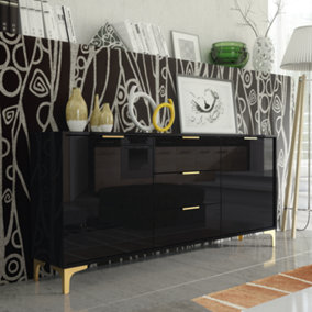 Sideboard 140cm Luxury Modern TV Unit Stand - Black High Gloss & Gold Finish Accents
