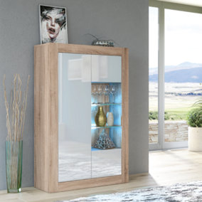 Sideboard 140cm Oak Display Cabinet Modern Stand White Gloss Doors Free LED