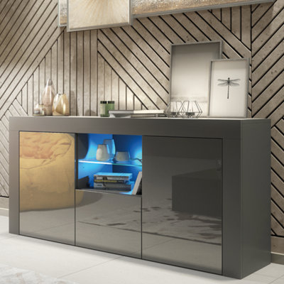 Sideboard 145cm Dark Grey Modern Stand Gloss Doors Free LED